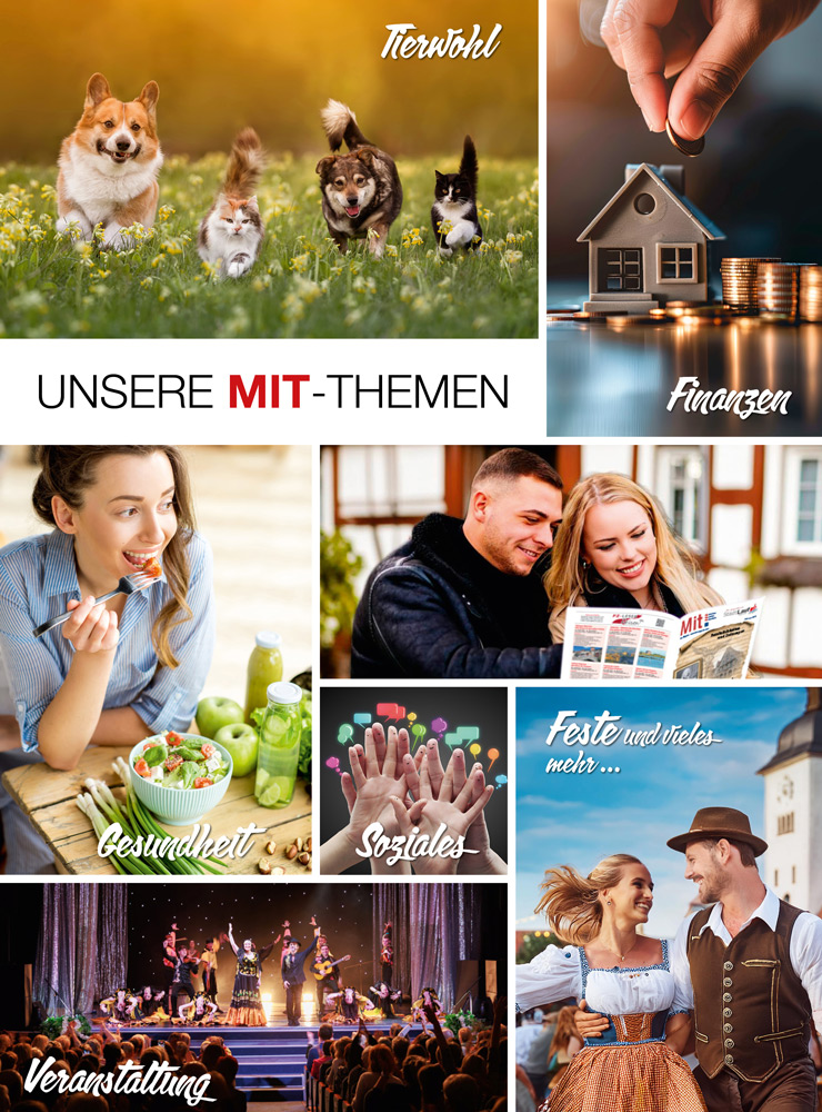 Bildcollage-Mit-Magazin-Website2025 Diese Bild zeigt alle Themen vom Magazin, z.B Finanzen, Gesundheit, Soziales, Fest im Nürnberger Land.